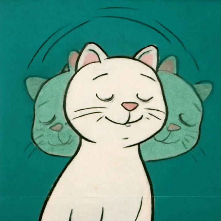 The white cartoon cat, eyes shut, head drawn three times in a smear arc