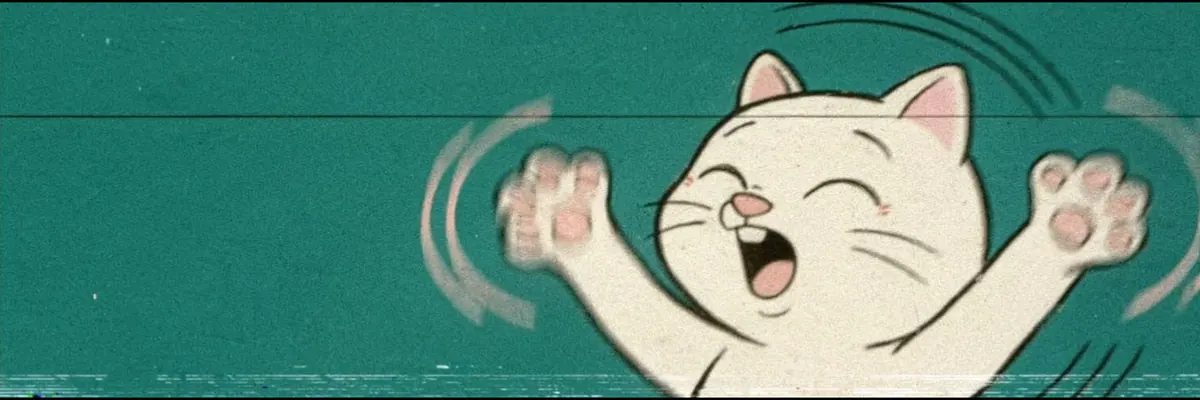 The same cat with both paws up, mouth open, mid dance